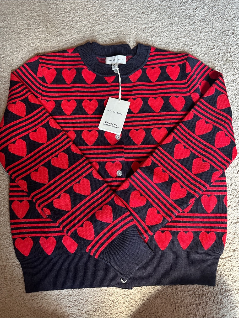 Free Assembly Frame Denim Navy Cardigan with Red Heart Stripe Pattern NWT-Size M